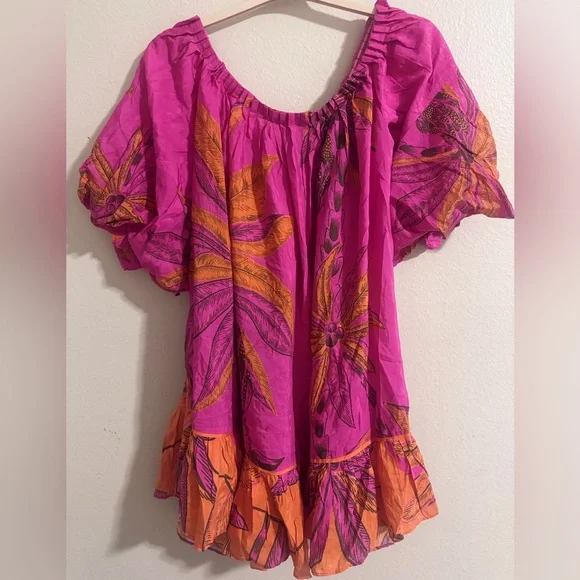 FARM Rio Pink and Orange Floral Puff-Sleeve Mini Dress, Size Small - Picture 5 of 6